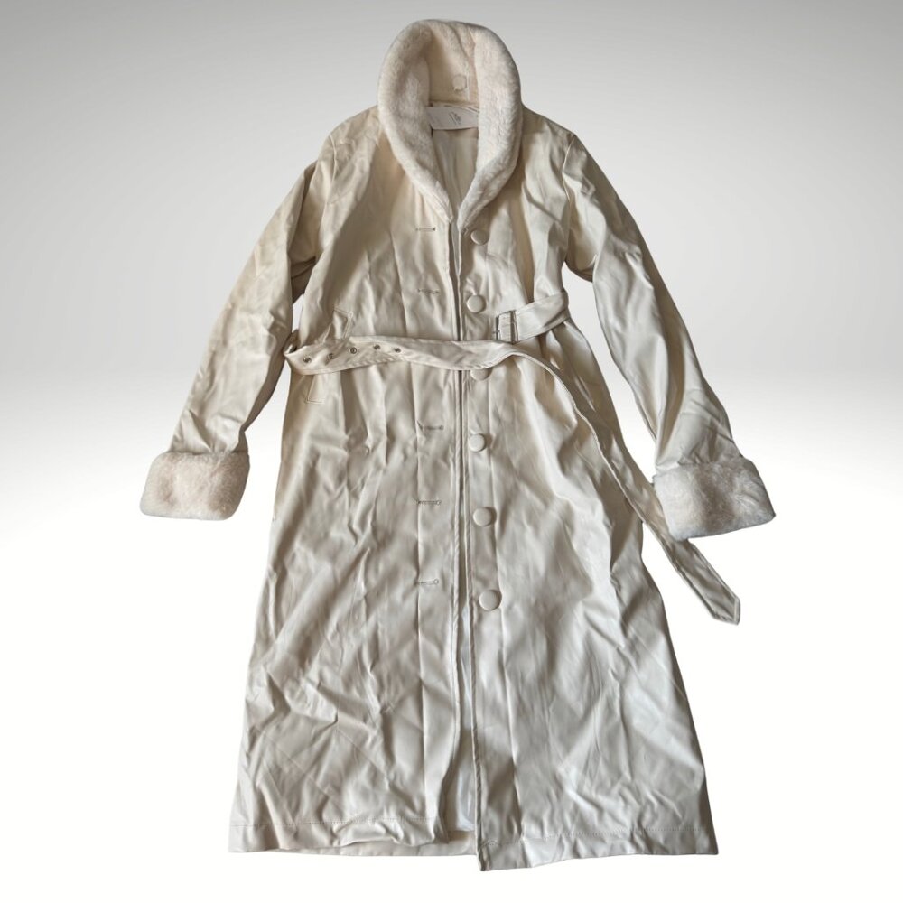 12th Tribe x TheSaltyBlonde Cream Faux Leather Fur Trim Coat NWT Size Small